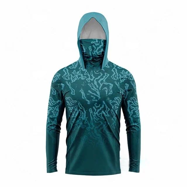 Outdoor Men Fishing Hooded Shirt  UV Protection Abstract Camo Splice Built‑in Face Cover Quick‑Dry Breathable Long Sleeve Tops
