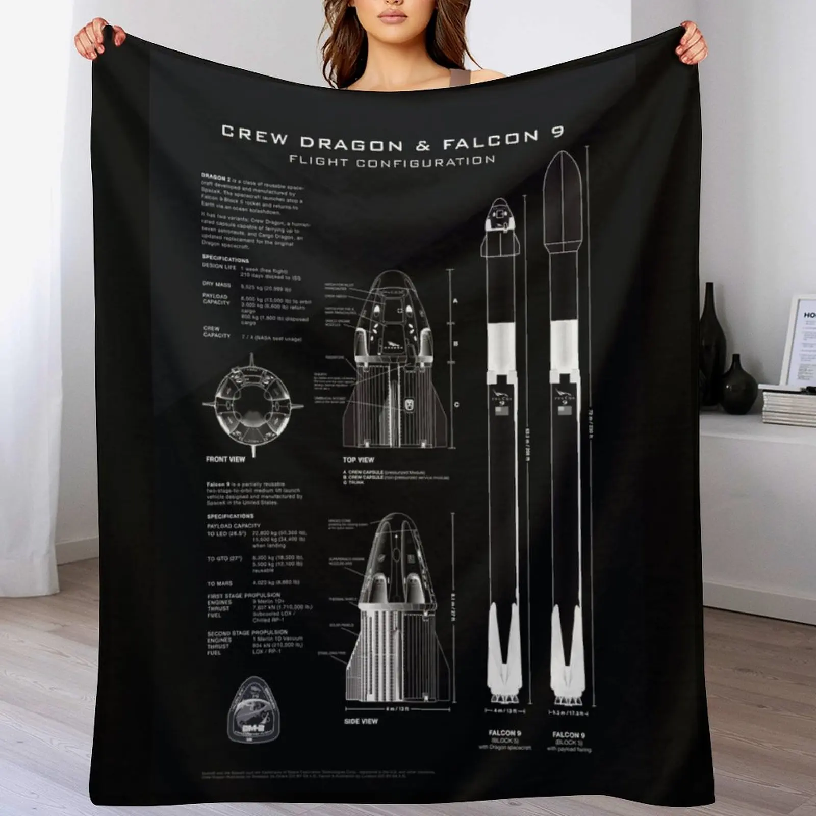 SpaceX Crew Dragon Spacecraft & Falcon 9 Rocket Blueprint in High Resolution (all black) Throw Blanket anime Flannel Blankets