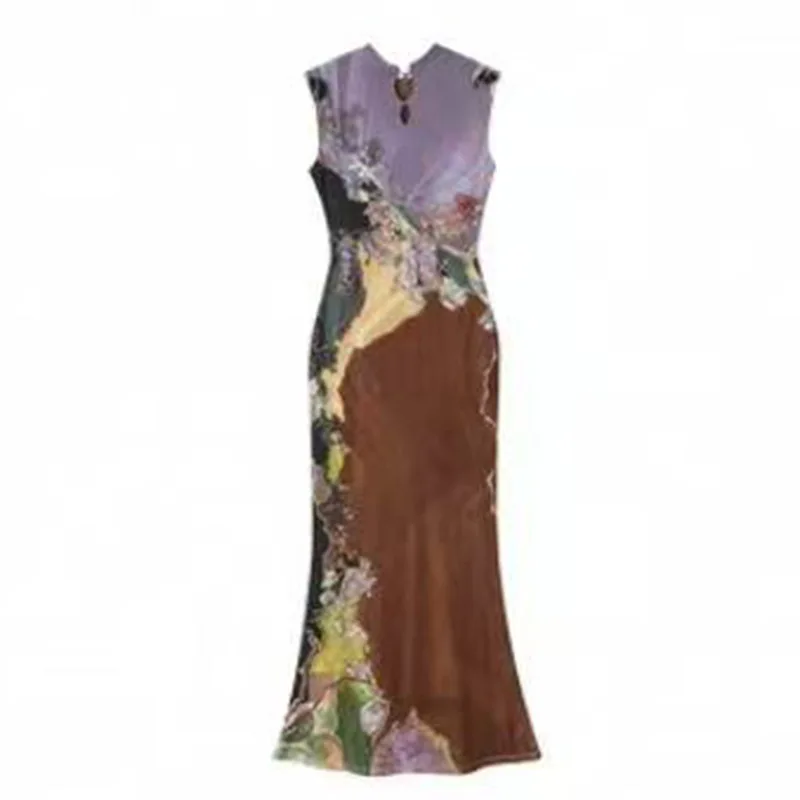 

New Chinese Style Front and Rear Two Wear Contrasting Color Cheongsam Dress Women's Printed Fishtail Vest Skirt