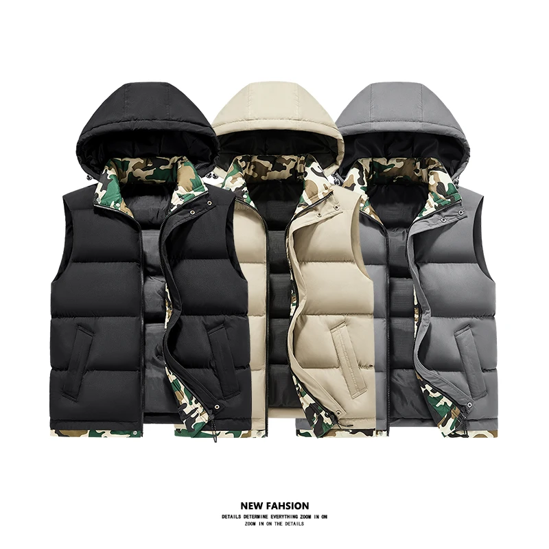 

Men Down Cotton Camouflage Vest Autumn and Winter Thick Velvet and Cotton Vests Men Removable Hooded Casual Waistcoats Clothes