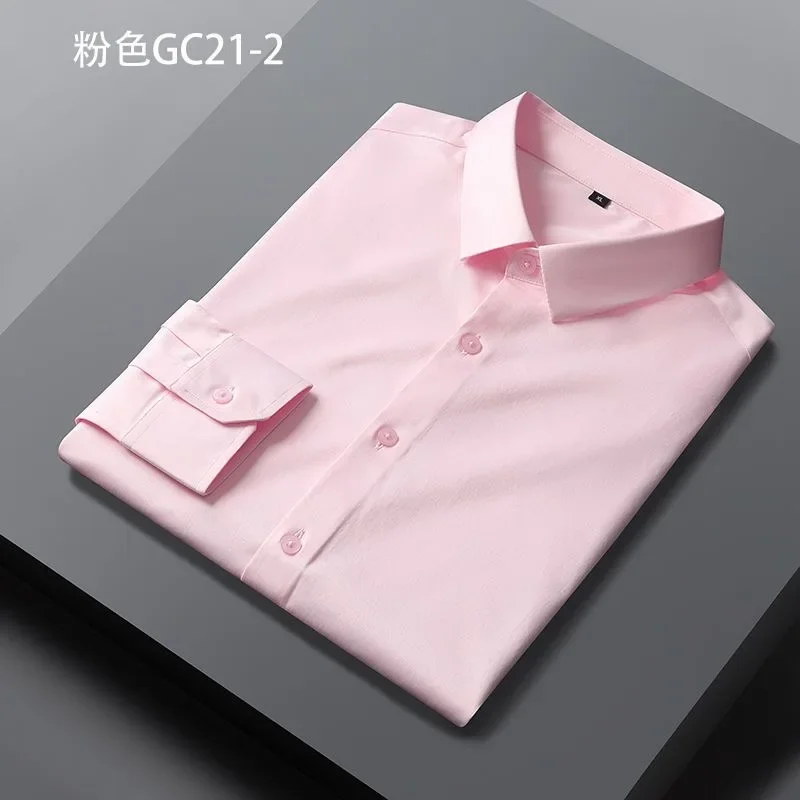 Camisa de seda de gelo high-end para homens, mangas compridas, roupas de trabalho, sem ferro, anti-rugas, desgaste do noivo