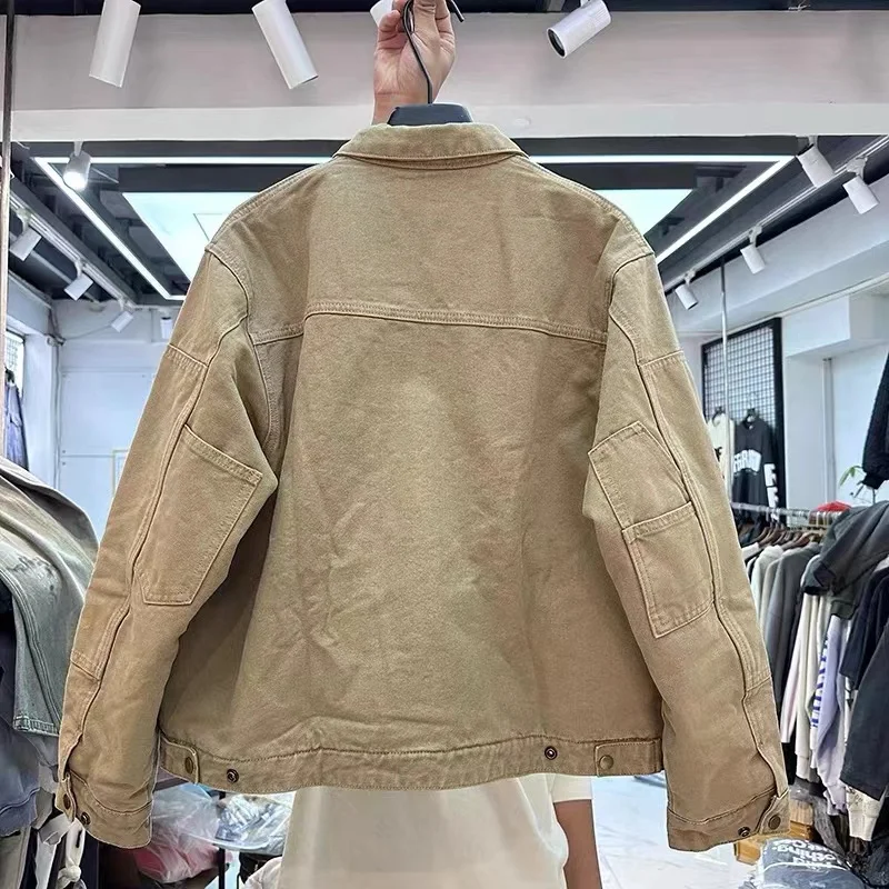 Autumn Winter Khaki Retro Jacket Top Quality Padded Thick Fabric Zip Coat Fashion Warm Mens Womens Lapel Jacket