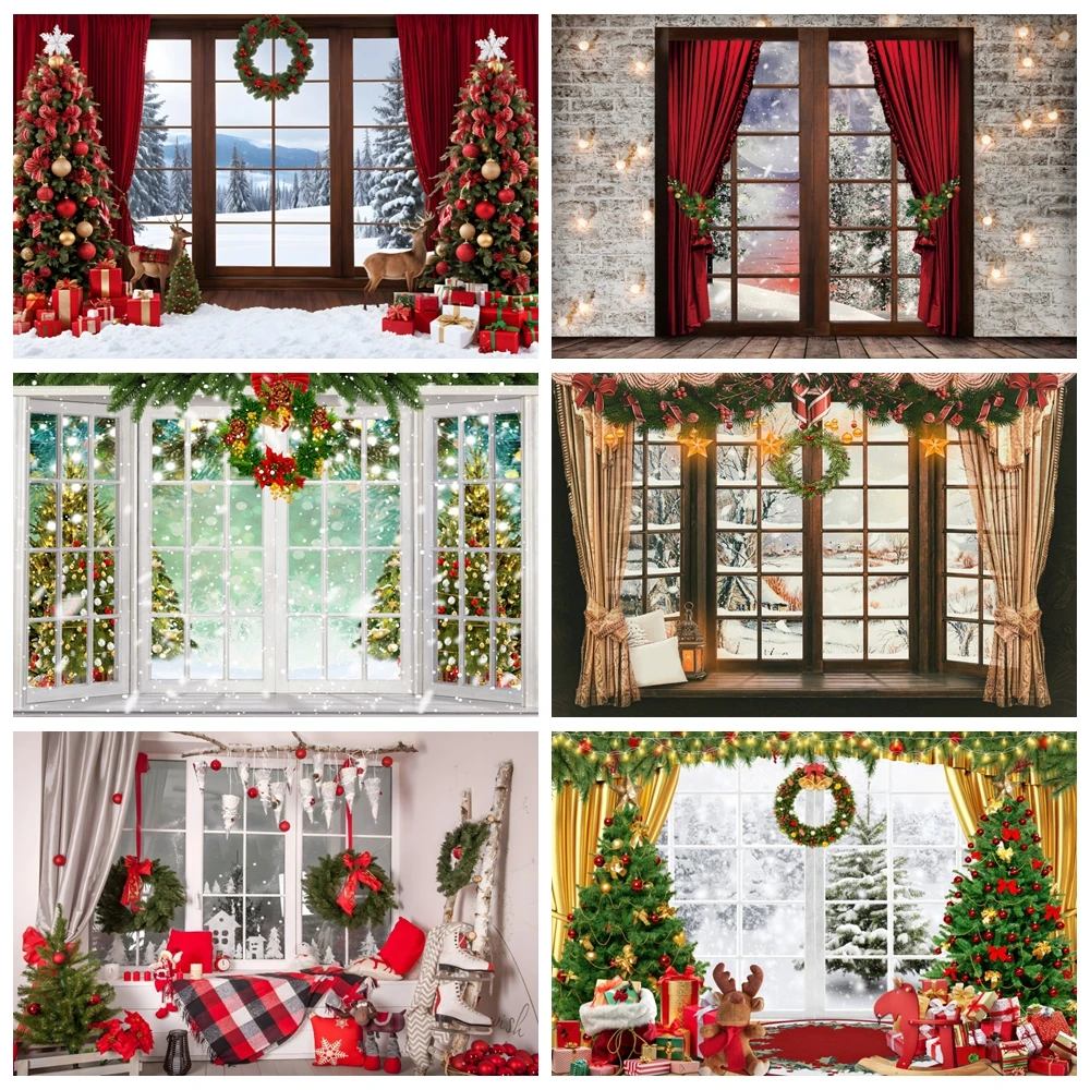 

Christmas Window Backdrop Winter Wonderland Snow Tree Reindeer Santa Festival Party Photography Background Decor Photo Studio