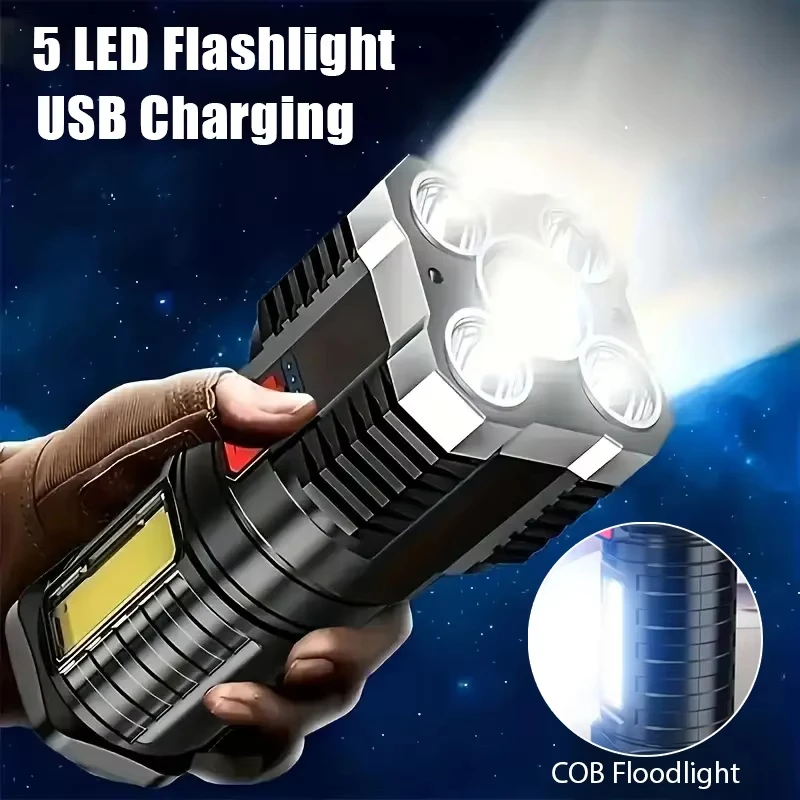 Linterna de alta potencia recargable por USB, 5 LED, luz lateral COB, 4 modos, foco de Camping, luces Flash de emergencia para exteriores de aventura