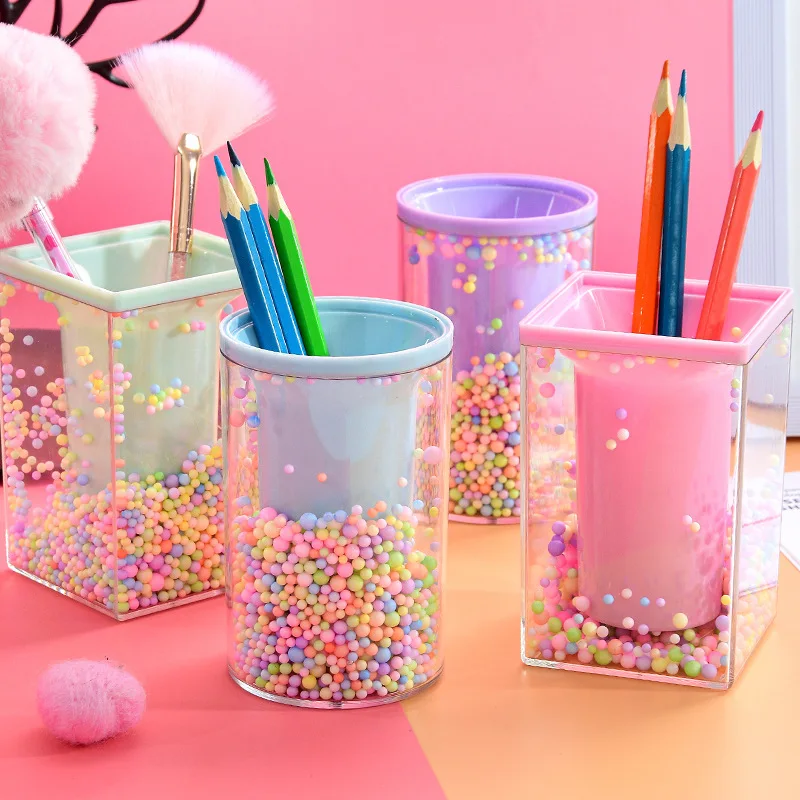 Crystal Pen Holder Desk Stationery Organizer School Bottle Storage Cleanup Accessories Makeup Brush Pencil Pot Table Supplies