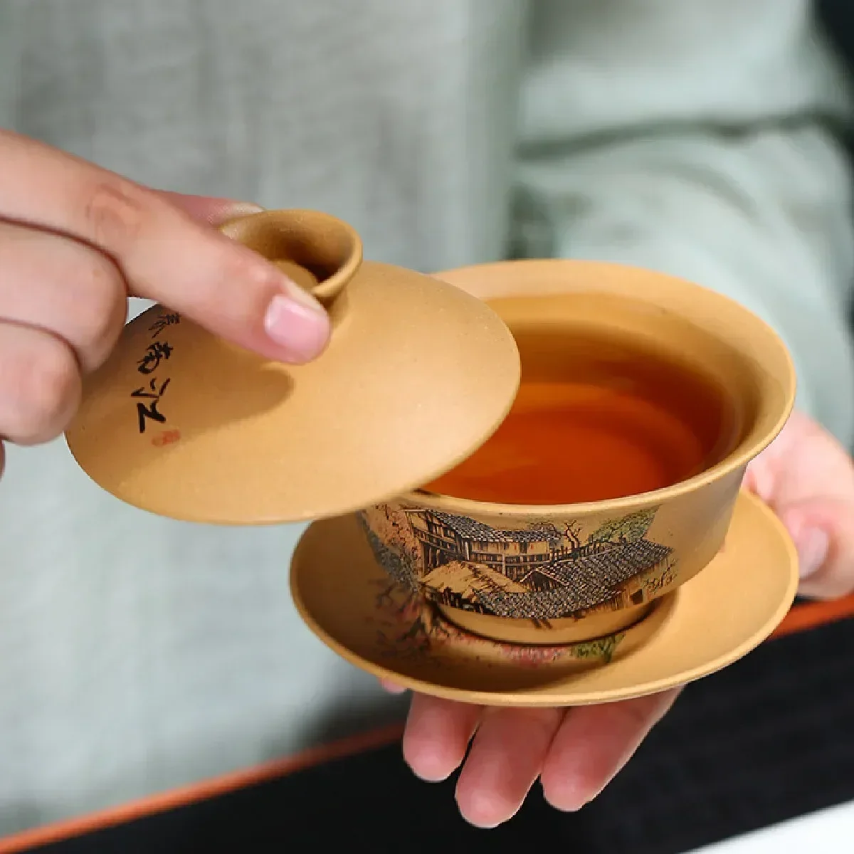 Yixing pintados à mão Boccaro Cup, Segmento lama chá beber copo, Jiangnan Primavera Kung Fu chá conjunto, Handmade Gaiwan Retro, paisagem