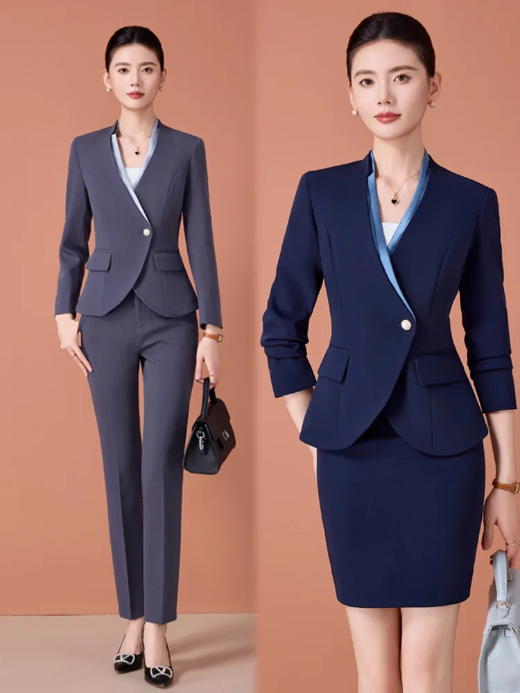 Long-sleeved women's suit set, professional attire, elegant formal wear, high-end workwear for real estate sales managers, jewel