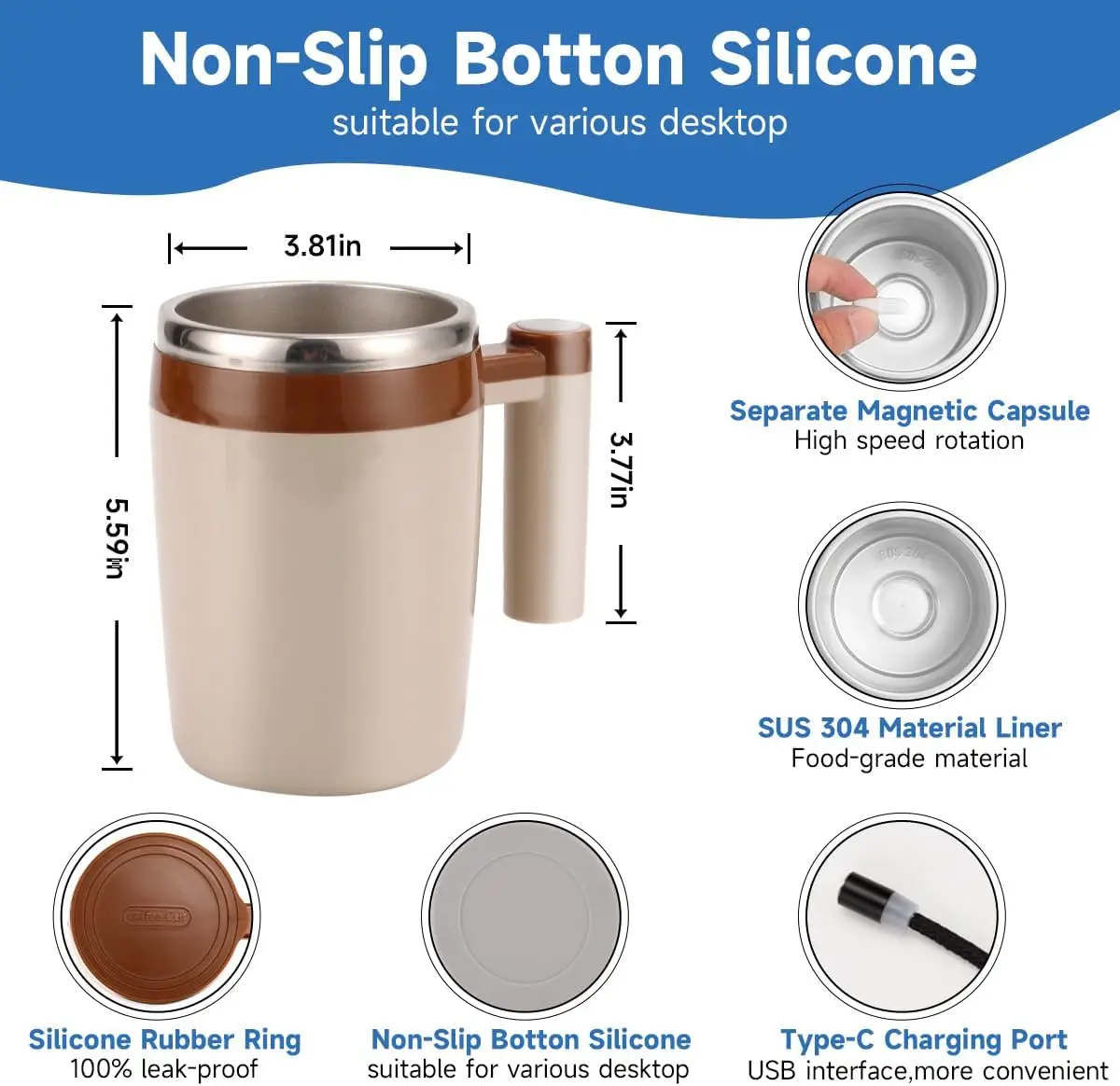 كوب قهوة أوتوماتيكي للتحريك 14 أونصة - كوب خلط مغناطيسي كهربائي مع بطارية 10 ساعات، كوب من الفولاذ المقاوم للصدأ مانع للتسرب للمكتب والساعة