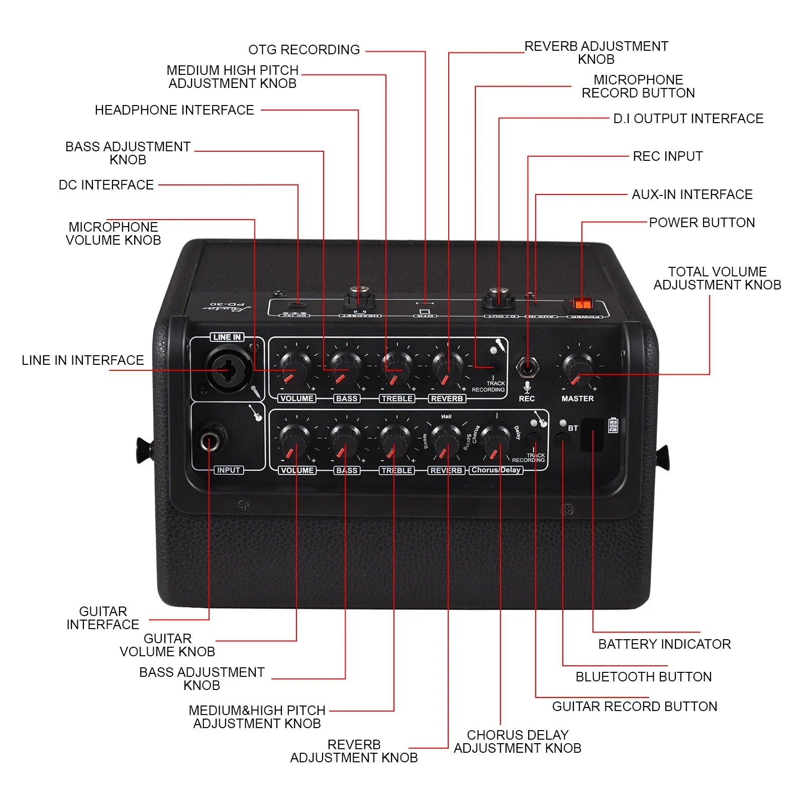 Rowin 30W Electric Guitar Amplifier Multi-Function OTG BT Battery Amp Multi-Effect Reverb Chorus Delay Microphone Inputs PD-30