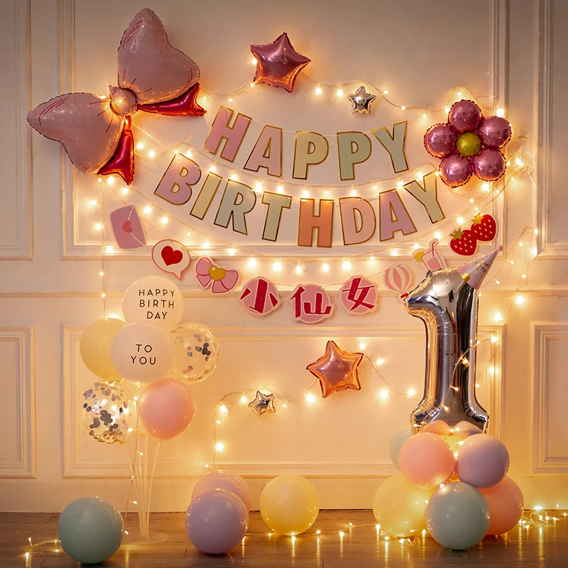 

New One-year-old Baby Birthday Children's Party Decorations Net Red Girl Background Wall Scene Arrangement Balloon 1 Girl 2