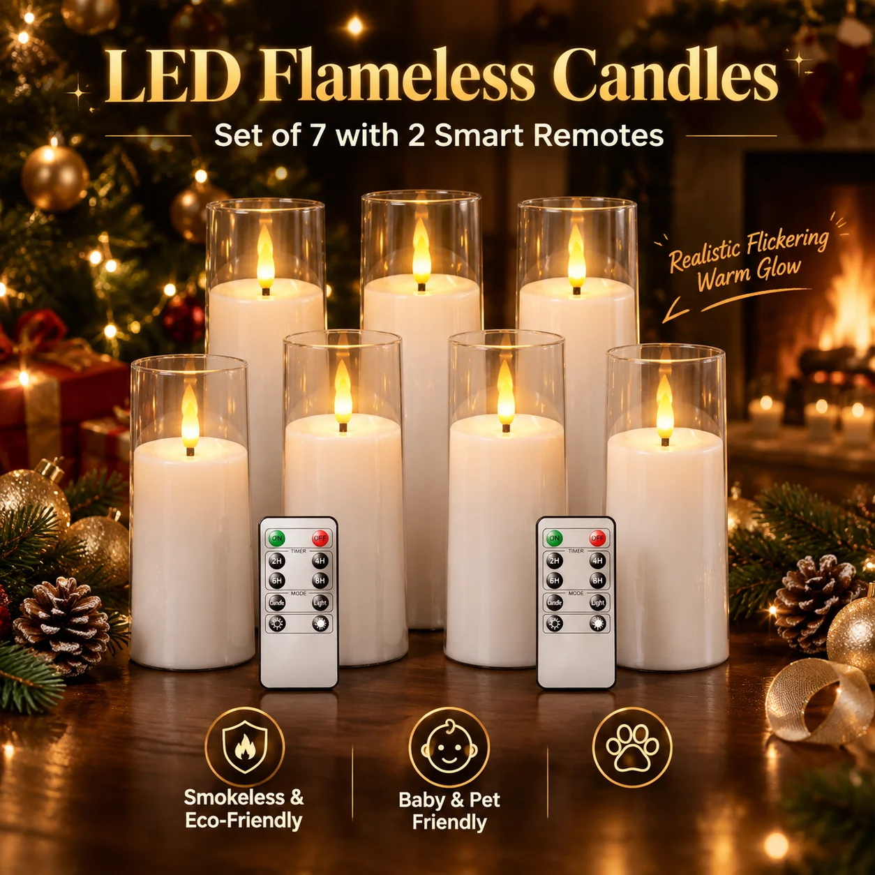Home Decor Flameless LED Candles Set of 7 Clear Acrylic Pillar Candles with 2 Remotes Timer for Christmas Wedding Party Candles