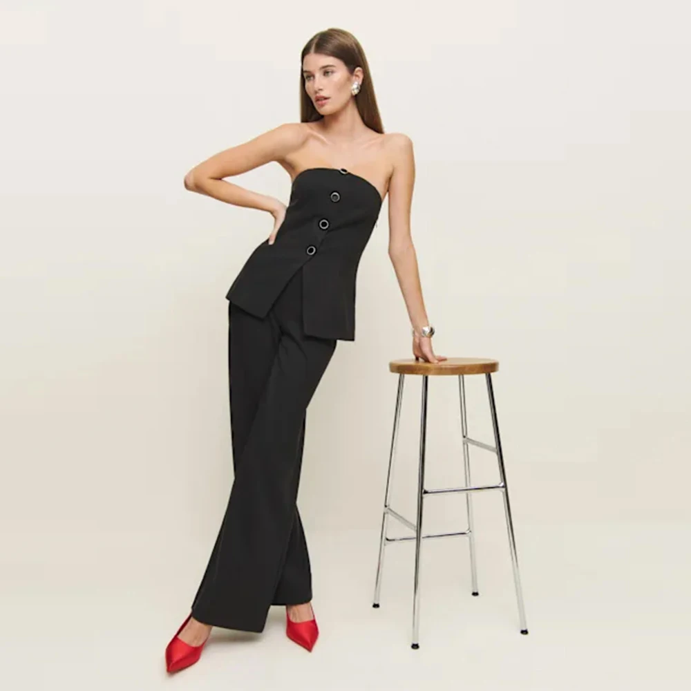 

Черный комплект из 2-х предметов для женщин Шикарный элегантный женский костюм без бретелек Жилет и брюки Комплект свадебной вечеринки Костюм Блейзер Офисная женская одежда