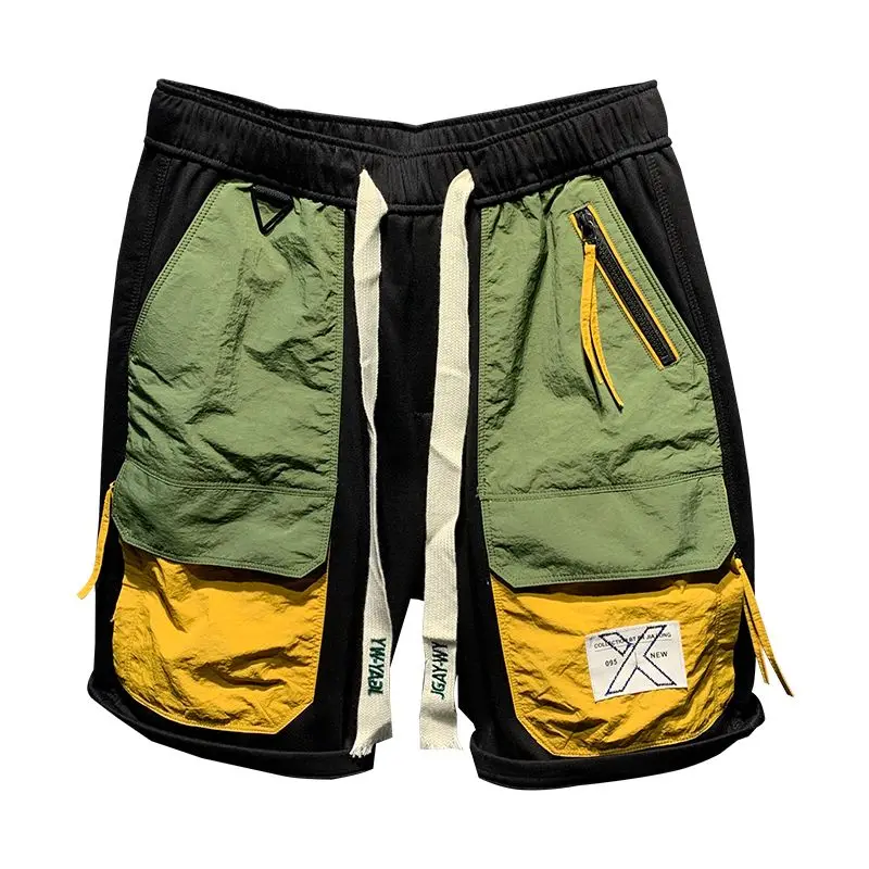 Young Style Trend Summer New Men's Elastic Waist Drawstring Contrast Color Zipper Fashion Versatile Loose Cargo Casual Shorts