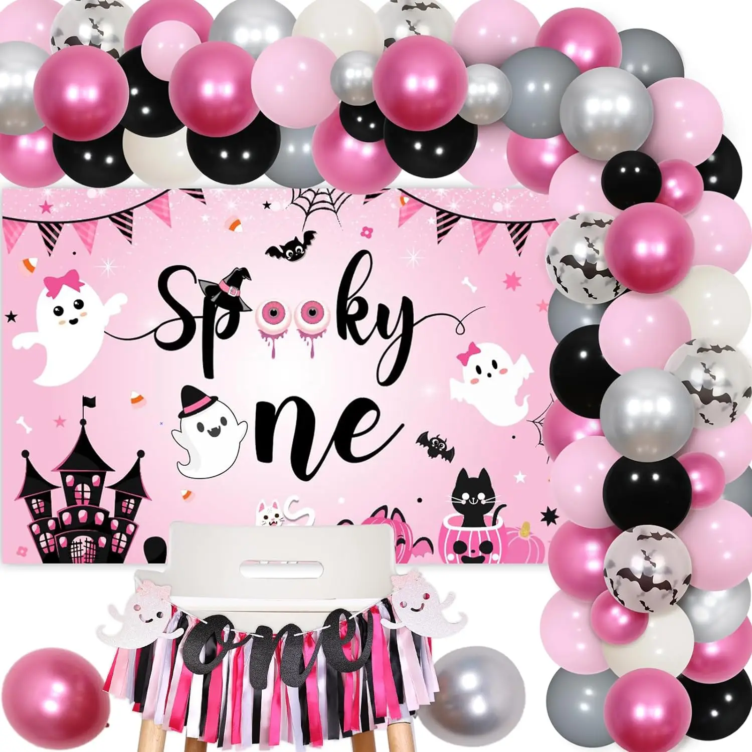 

Halloween Spooky One 1st Birthday Party Decorations for Girls Pink Fuschia Balloons Garland Arch Backdrop for One Year Old Girl