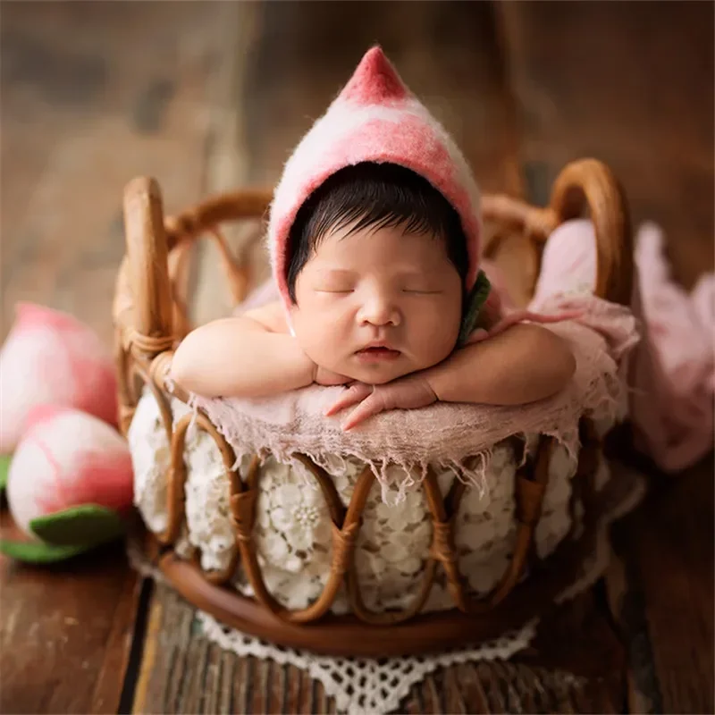 Newborn Photography Props Girl Round Vine Woven Basket Baby Photo Shoot Chair Bebe Poser Bed Studio Fotografie Accessories