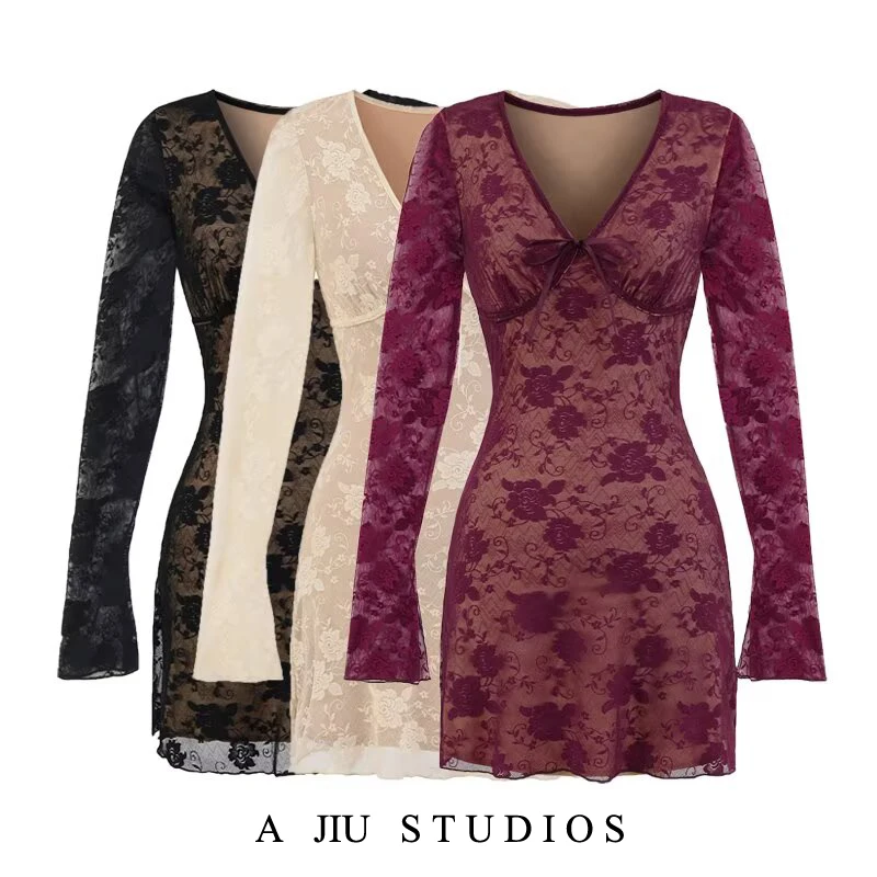 

Sexy Retro Lace V-ne Long Sve Dr Women's High Waist A-line ort Skirt Dr for Autumn Casual Wear Nylon Spandex