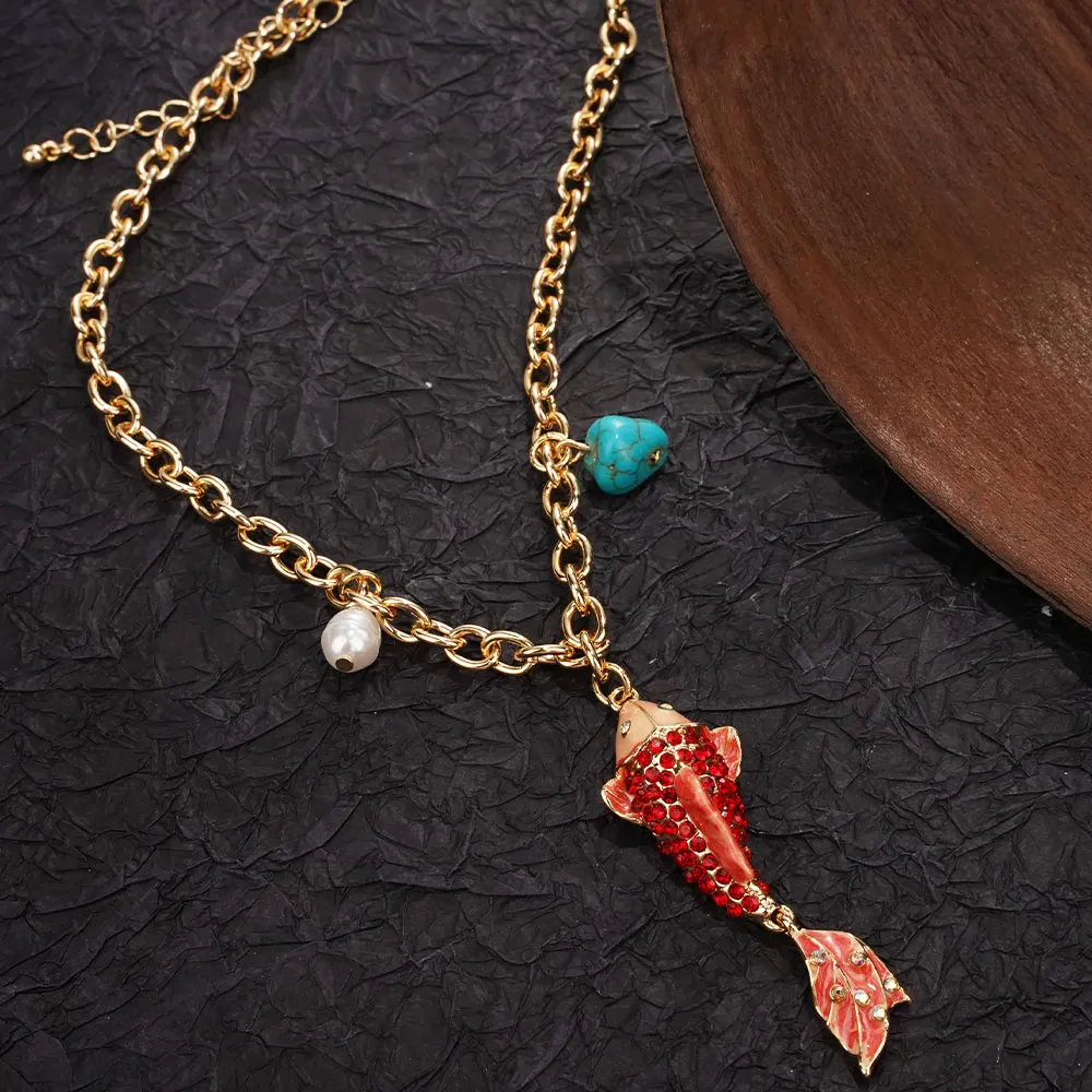 

Mermaid Necklace Ethnic Red Enamel Fish Pendant Statement Choker Lucky Koi Dangle Charm Neck Chain for Women Gift Fine Jewelry