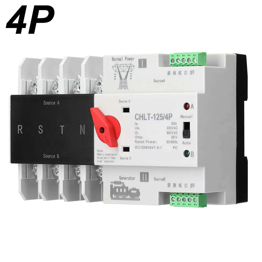 

2P/3P/4P 63A Din Rail Dual Power Automatic Transfer Switch Selector Switches Auto/Manual Switching Circuit Breakers