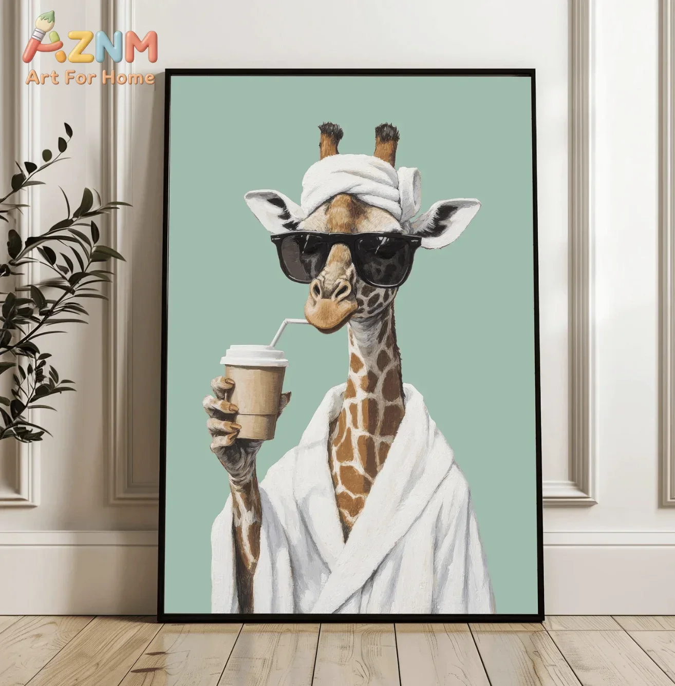 AZNM Funny Giraffe With Sunglasses Bathrobe Drinking Coffee Canvas Wall Art, Cute Animal Print Poster, Bathroom Home Decor Unfra