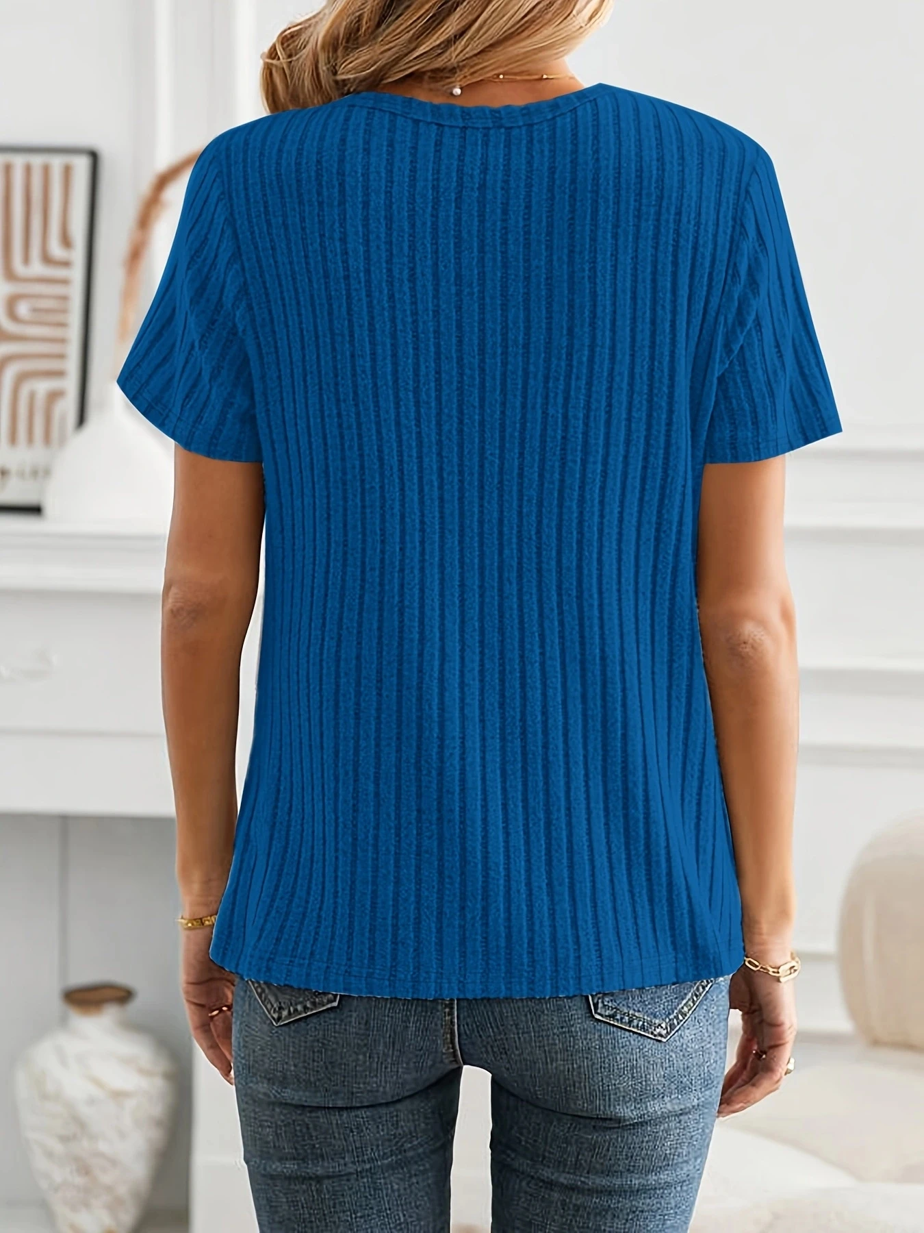 Casual Chic Ribbed T-Shirt with Button Detail -Versatile Notch Neck, Comfortable Knit Top for Women, Perfect for All Seasons