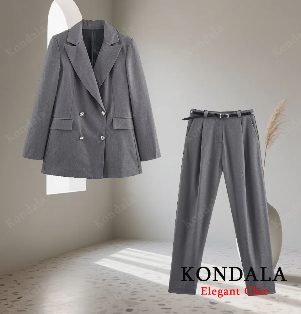 

KONDALA Women Elegant Commute Pants Suit Double-breasted Blazer,Belted Pant 2025 Spring Fall Fashion Simple Office Lady Pant Set