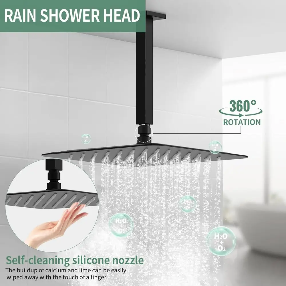 Matte Black Ceiling-Mounted Rainfall Shower System with 12 Square Head, Handheld, and Mixer Valve