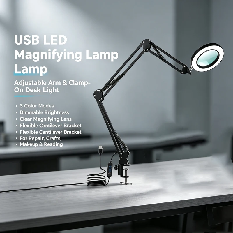 3 Section Extra-long swing Magnifying Glass Lamp with 3Color Adjust LED Lights Reading Table Lamp for Welding Repair Close Work