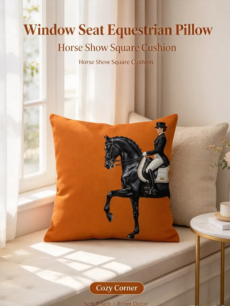 VIKAMA  Equestrian Decorative Square Pillow, Orange Horse Show Cushion with Black Horse and Rider Print, Soft Fabric Pillow fo