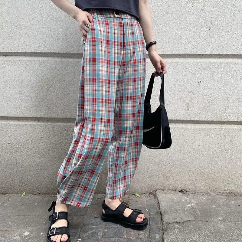 

Baggy Clothing High Waist Plaid Loose Women's Pants Straight Leg Autumn Original Quality Trends 2024 One Size Trousers for Woman