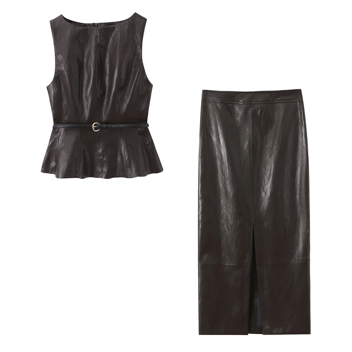 European and American 2026 Spring New Women's Clothing with Belt Leather Effect Top Midi Skirt Set