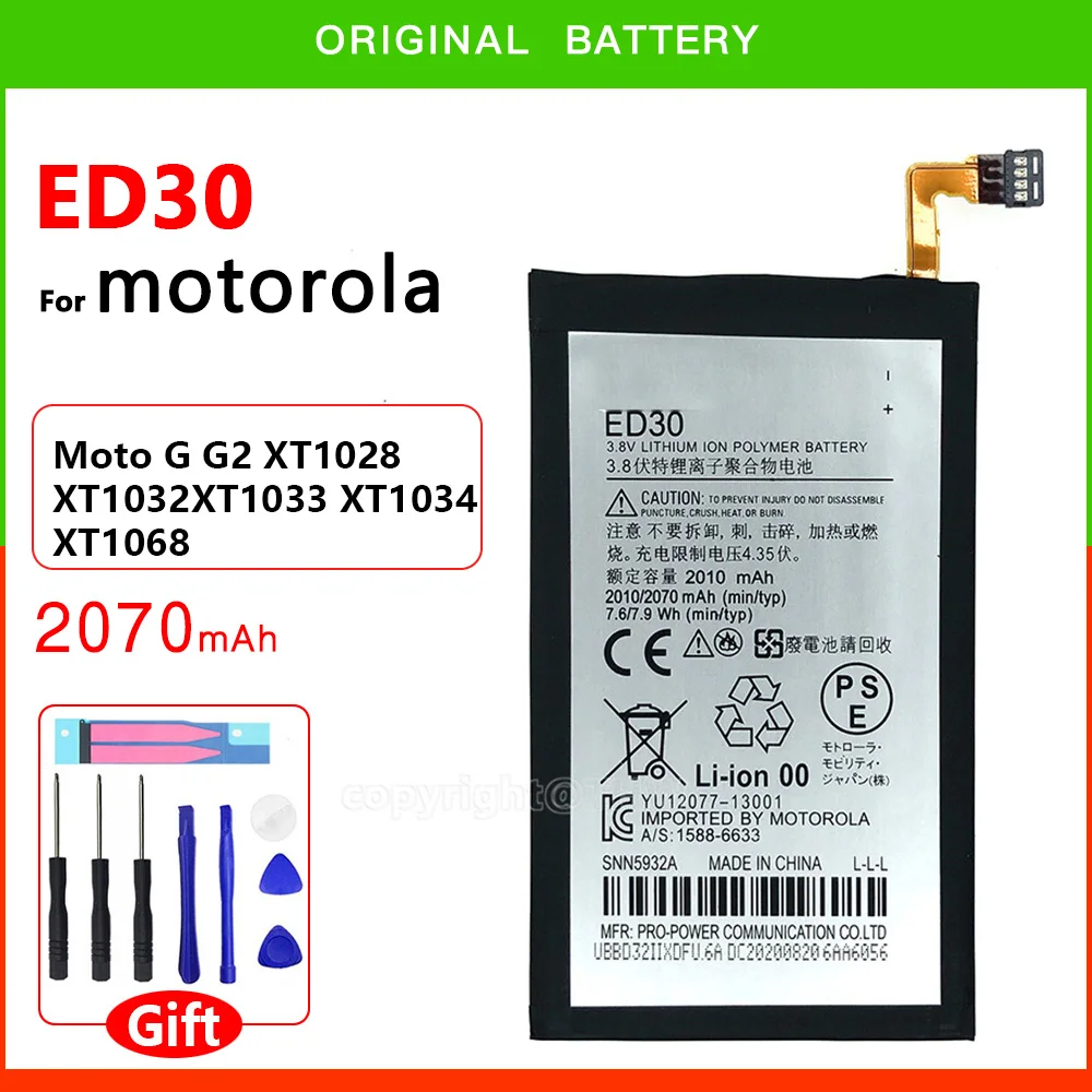 

100% Original Genuine ED30 Battery For Moto G G2 XT1028 XT1032 XT1033 XT1034 XT1068 Phone 2070mAh High Quality Batteries + Tool