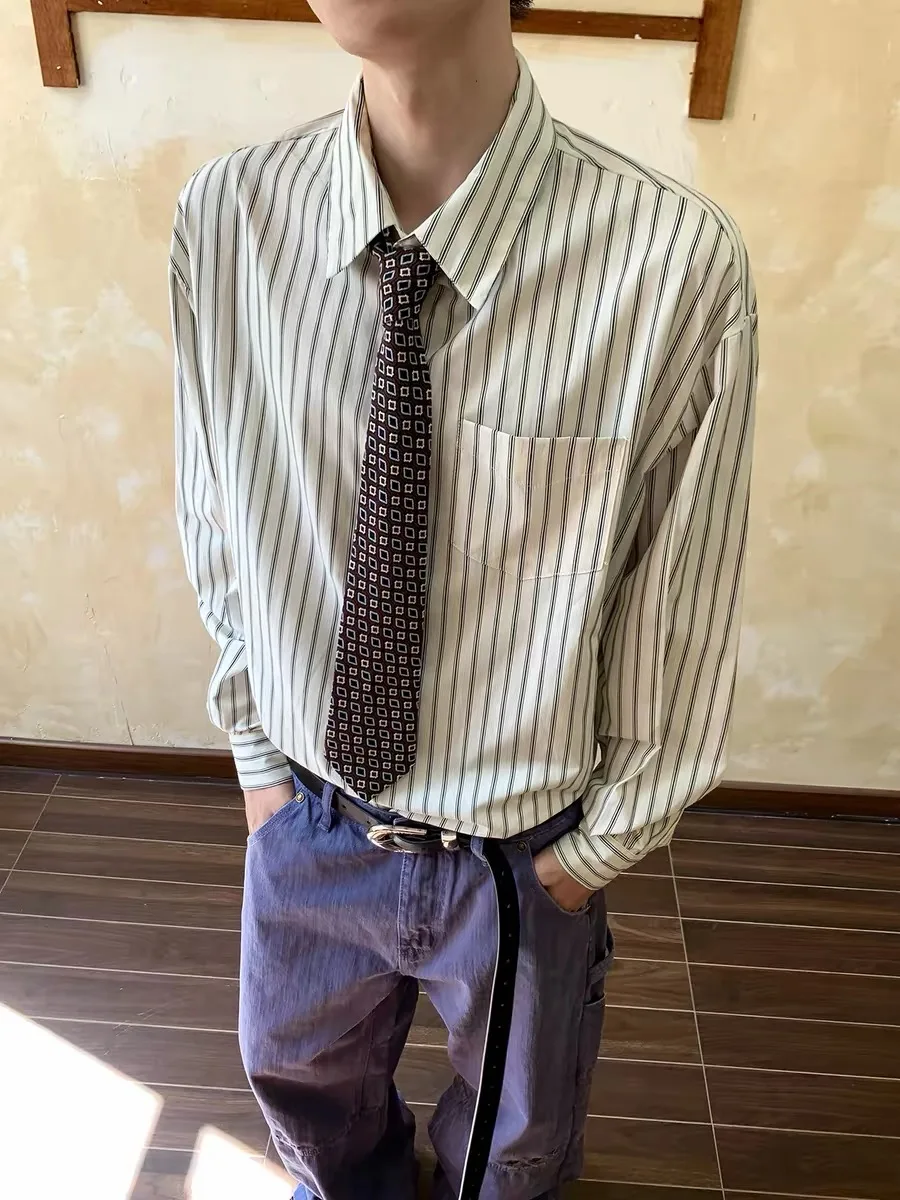 

American Sle Button up Striped irt Men's Spring Autumn Casual Versatile Retro Commute Long Sve Cleanfit Loose Fit