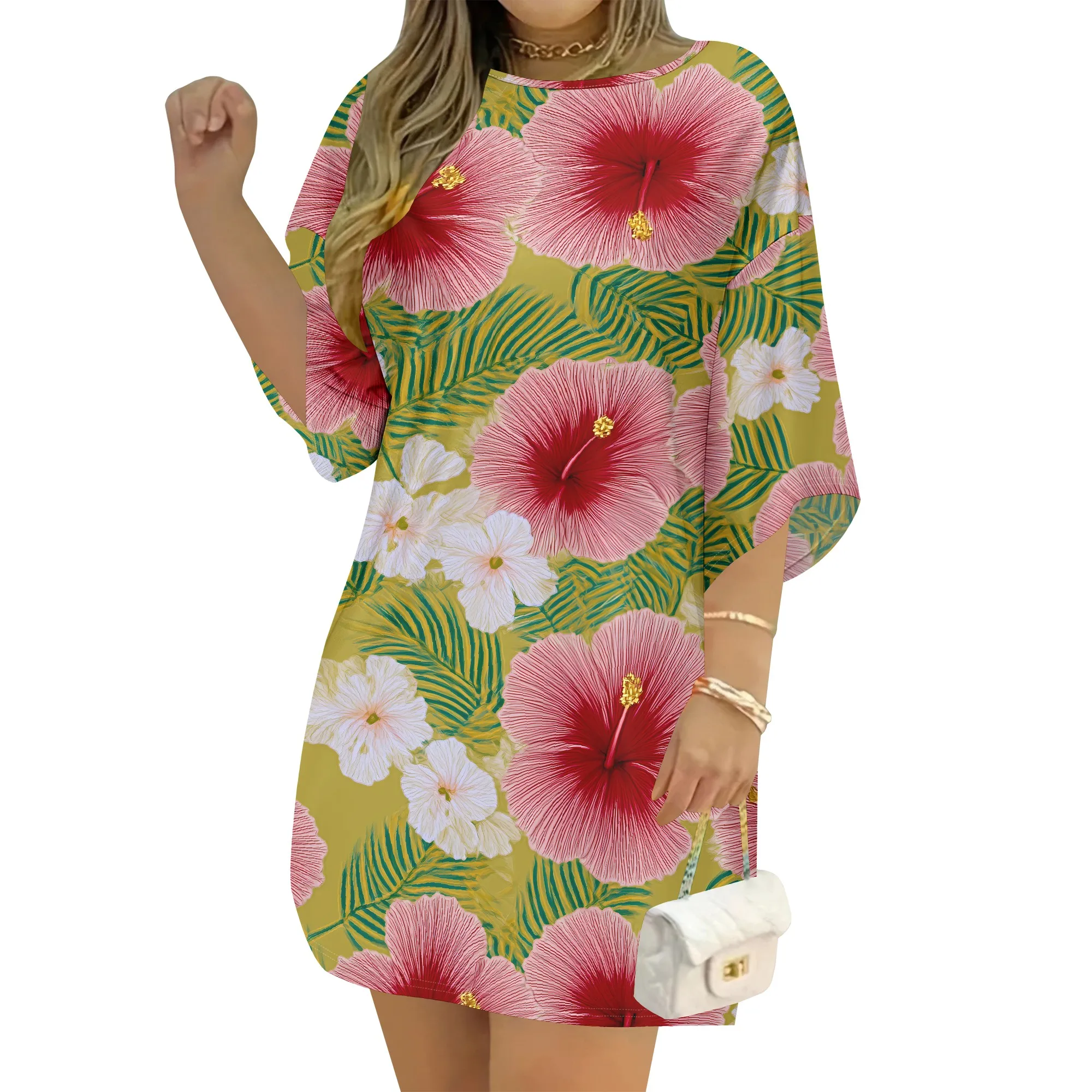 Pink Hibiscus Floral Print Dress Tropical Leaf Pattern Tunic Loose Fit Summer Beach Cover Up Short Sleeve Casual Mini Dress