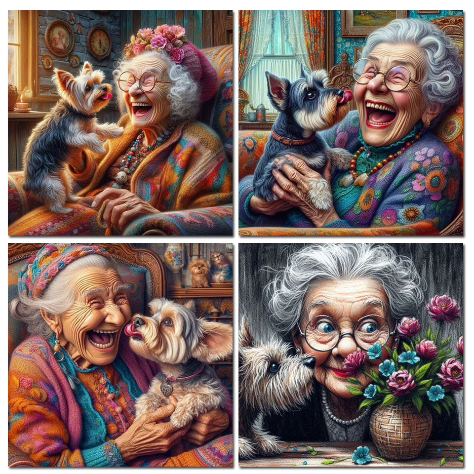 Happy Old Grandma And Her Pet Dog DIY Diamond Painting Portrait New 2024 Full Diamond Embroidery Handmade Mosaic For Home Decor