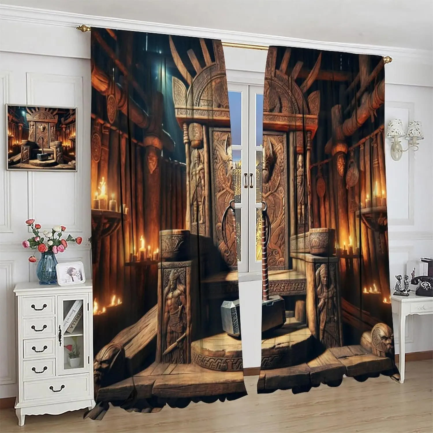 Viking Tribe Curtains Thor's Hammer Throne Totems Norse Mythology Decor Window Treatments for Kitchen Boys Teens Bedroom Living
