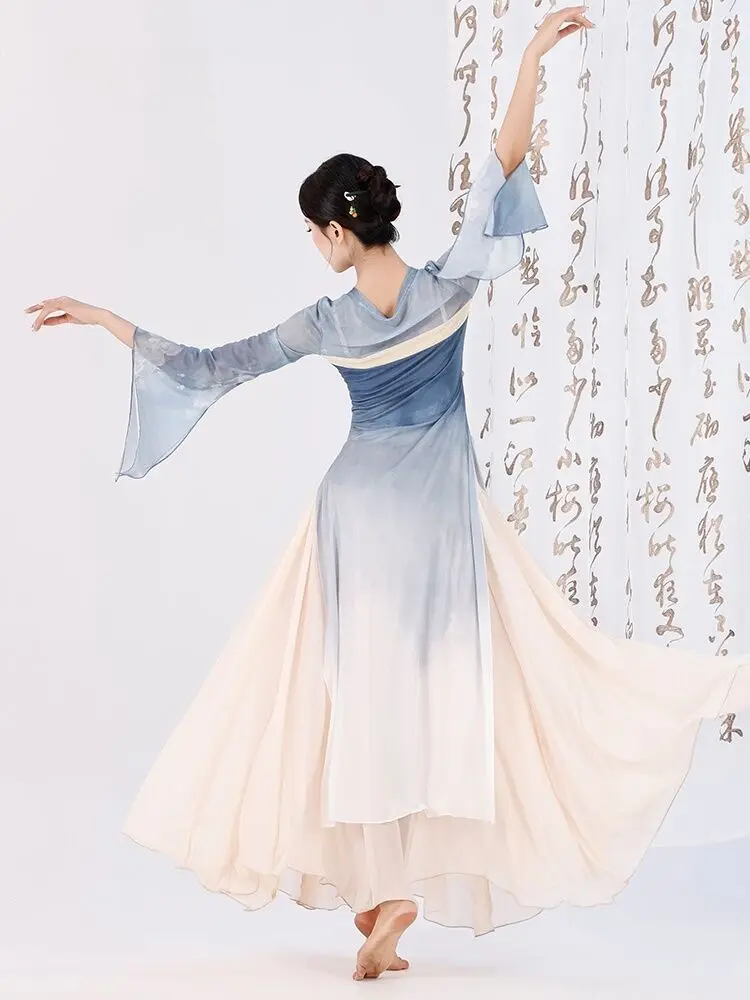 New classical dance attire, women's flowing Hanfu, chest length, tattered skirt, Chinese dance practice suit, ribbon long body c