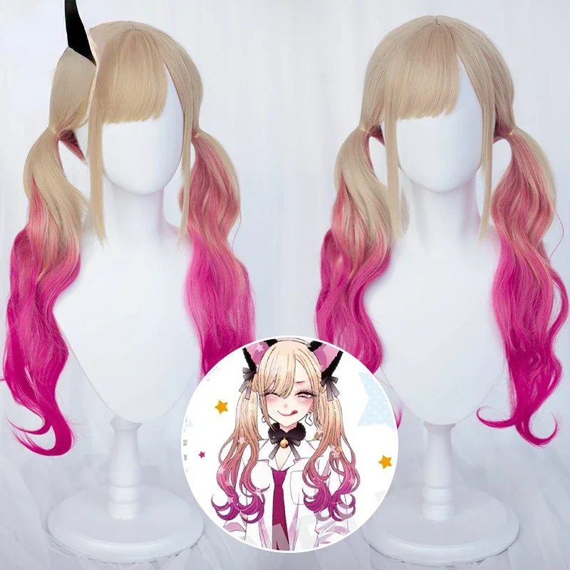 Anime Wig Dressing Doll Falling in Love Cosplay Kita River Haimun Cat Lady Long Curly Hair Blonde Pink Gradient Wig