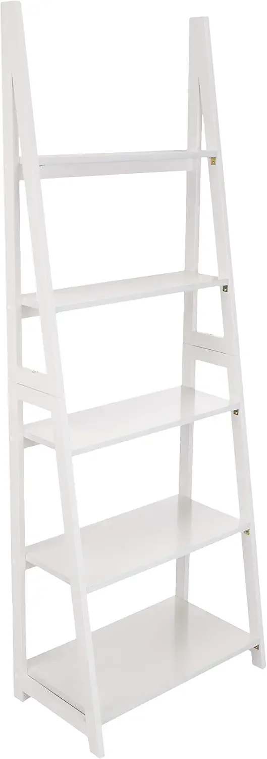 Basics Modern 5-Tier Ladder Bookshelf Organizer, Solid Rubberwood Frame, White, 14 D x 24.8 W x 70.1 H in