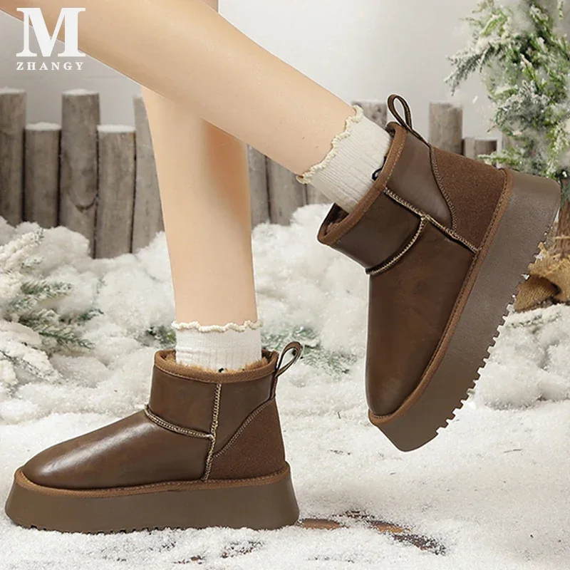 Flats Women Platform Boots Ankle Snow Mid Heels Leather Warm Short Shoes Winter Woman New 2025 Trend Cozy Walking Botas De Mujer