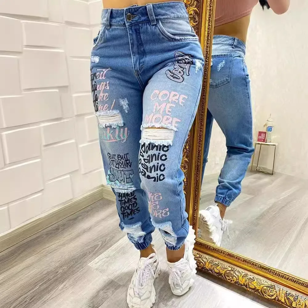 Women Ripped High Waist Trousers Skinny Denim Letter Jeans Hollow Long Pants Hollow Pencil Pants 2025