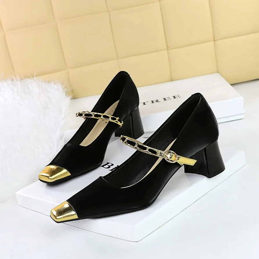 new pattern Style Women's Shoes With Medium Thick Heel Light Mouth Colored Square Head Metal Chain Line Straight Women Pumps