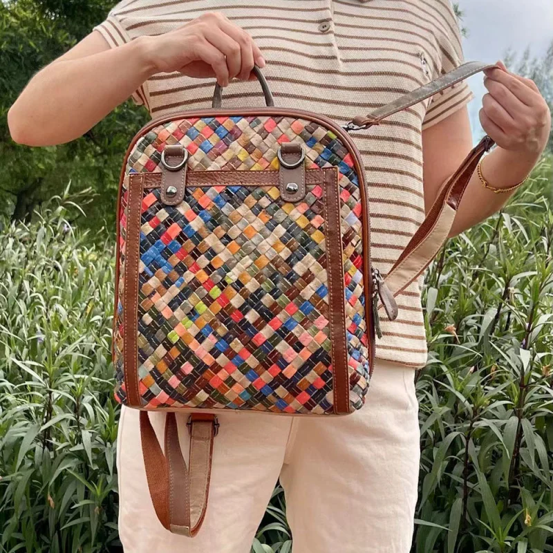 New Women's Leather Backpack Hand-Woven Preppy Style Travel Backpack10Large Capacity Color Bag