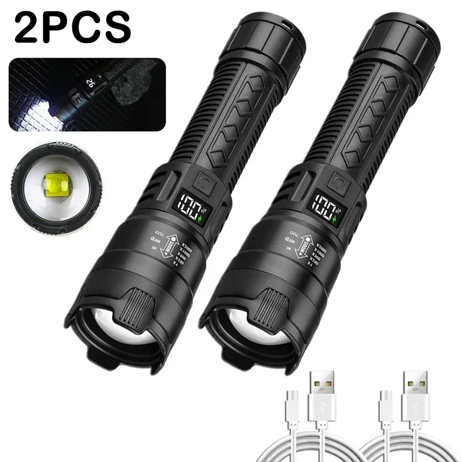 Hoogwaardige led-zaklampen 300000 LM tactische zaklamp met displaylicht USB-opladen Camping Vissen Defensa Zoom-lantaarn