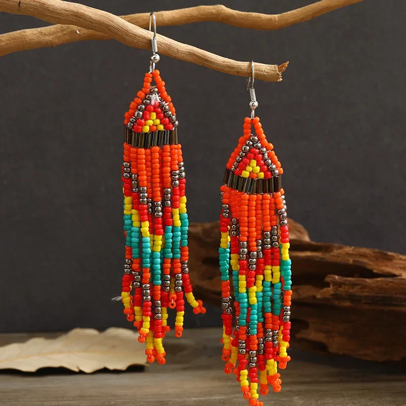 Fringe Earrings  Hand knitting  Beaded  multi-storey  Retro  Simple  personality  Bohemia  alloy  ma'am  Rice Bead Earrings