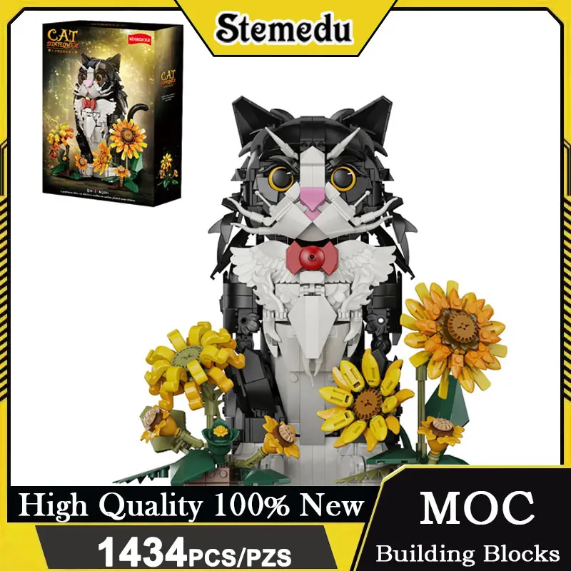 

MOC 1434PCS Sunflower Tuxedo Cat Animal Model Building Blocks Kit Black White Flower Cat Bricks Sets DIY Toy for Kid Adult Gift