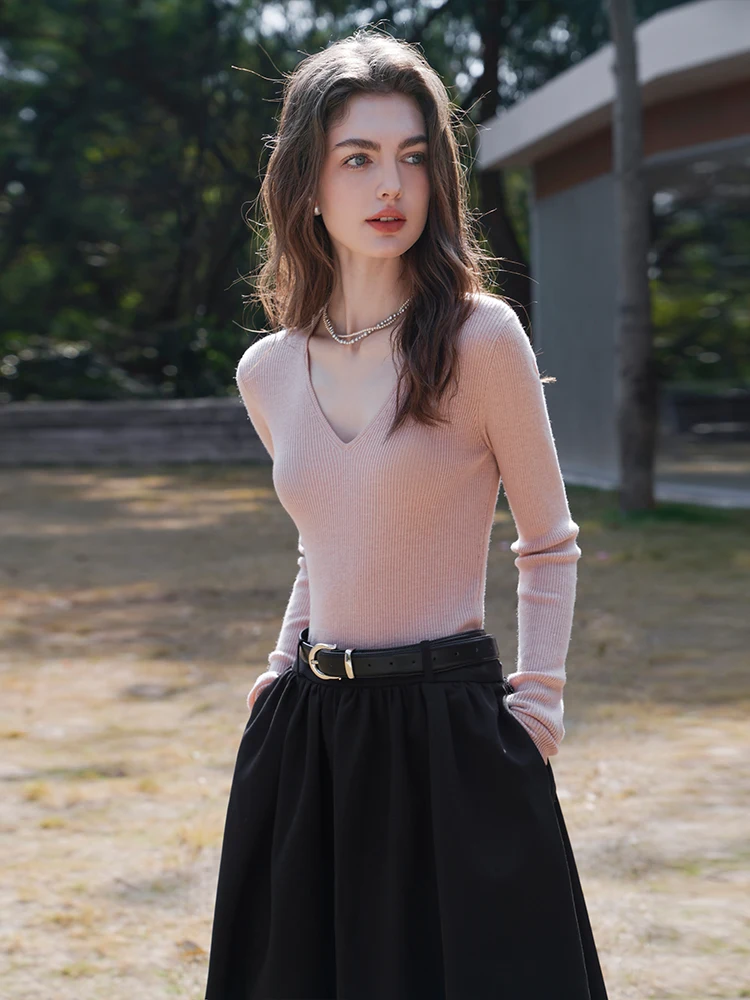 

MioraStudio Розовый трикотаж из смесовой шерсти V-Ne Long Sve Base irt Универсальный топ для похудения из полиэфирного волокна для поездок на работу Sle