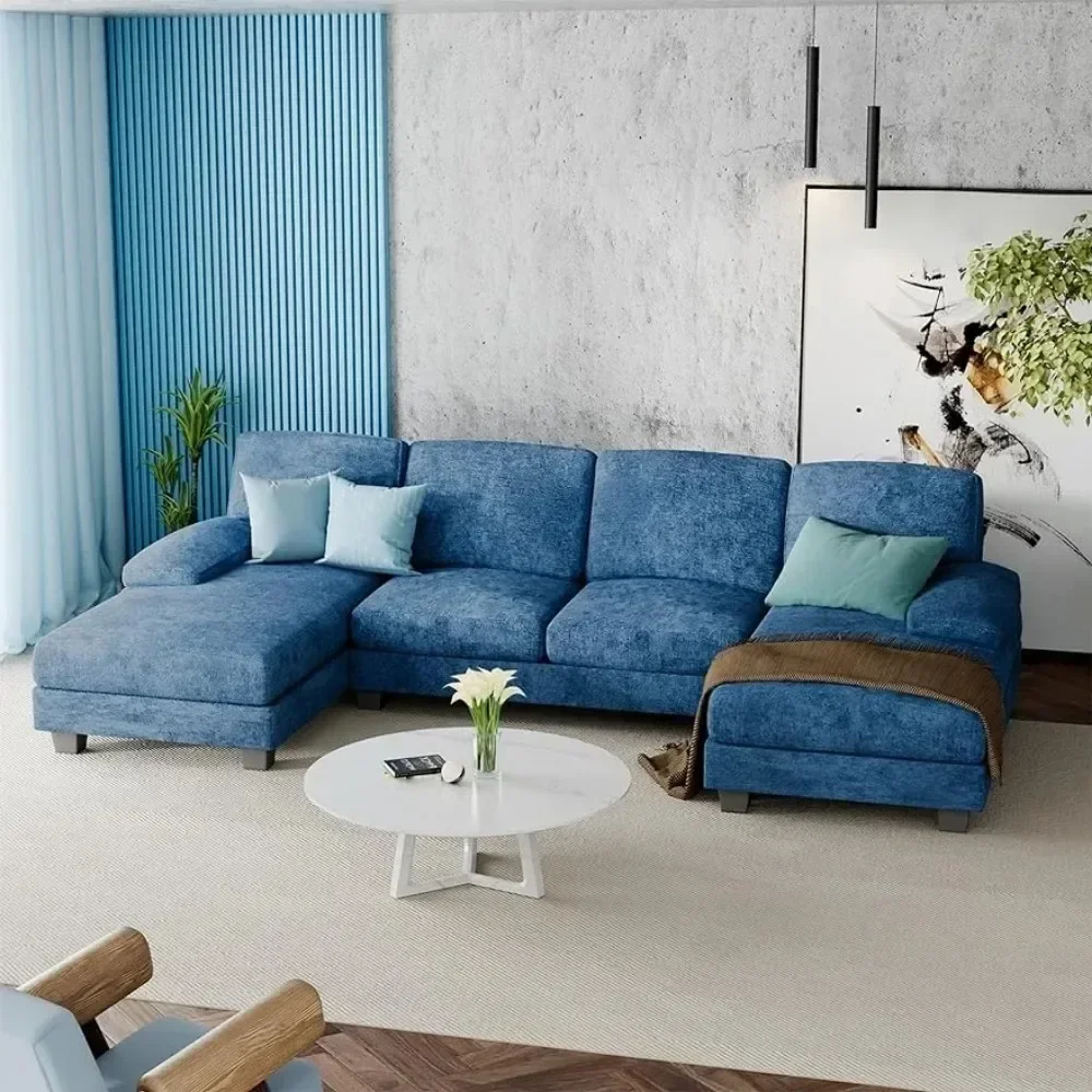 Living Sectional Sofas Couch,Fabric Modular Sofa Sleeper Chaise Memory Foam Blue 4 Seat Sofa Set for Living Room U-Shaped