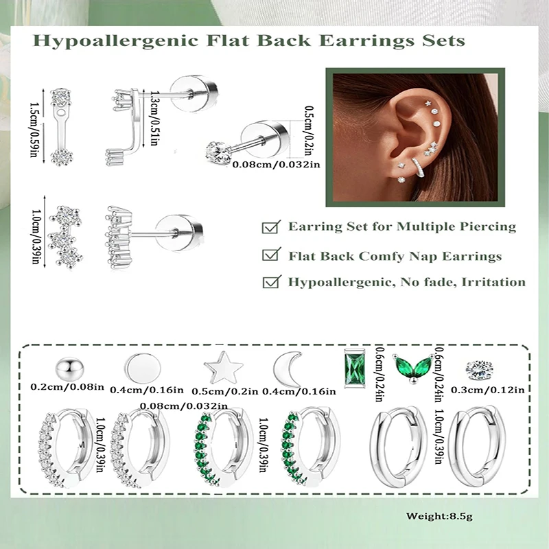 2Pcs 20G Dainty Stainless Steel Flat Back Stud Earrings for Women, Hypoallergenic Cartilage Earrings Small Huggie Hoop Earrings