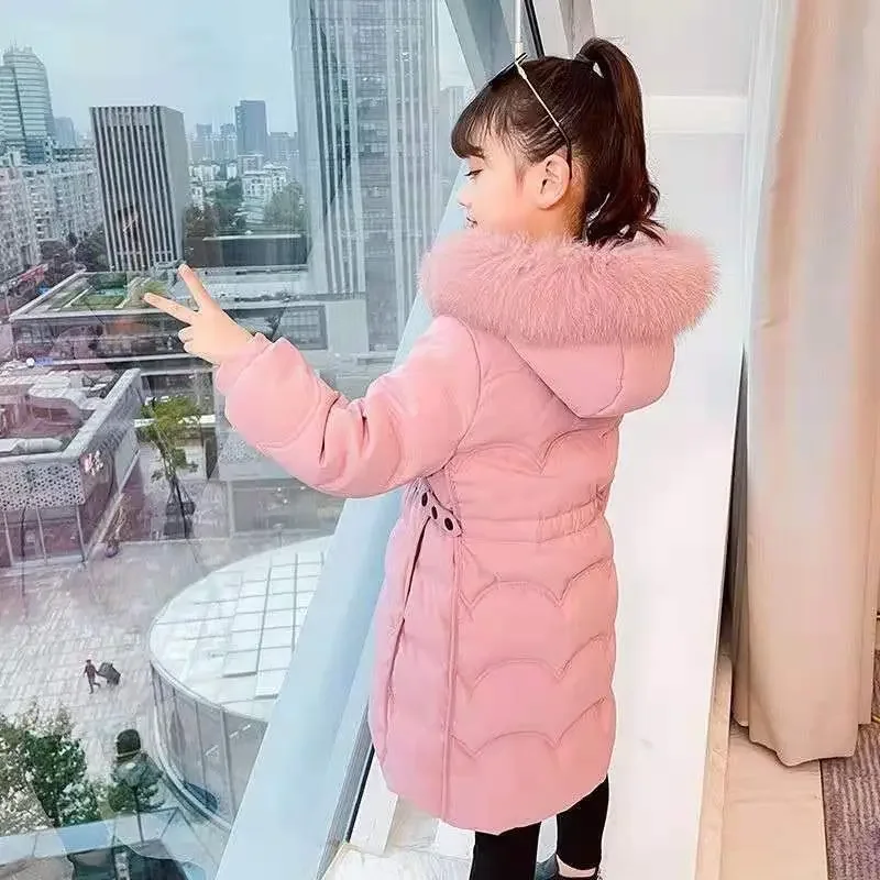 2024 New Winter Girls Down Jacket Big Faux Fur Korea Style Children Kids Outwear Mid Length Pink Black Hooded Parka TR310