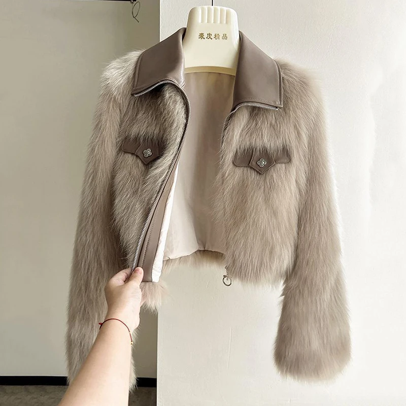 Abrigos cortos de piel de zorro sintética para mujer, moda coreana de retazos, prendas de vestir exteriores de piel peluda que combinan con todo, ropa de calle femenina Y2K, abrigo cálido de manga larga